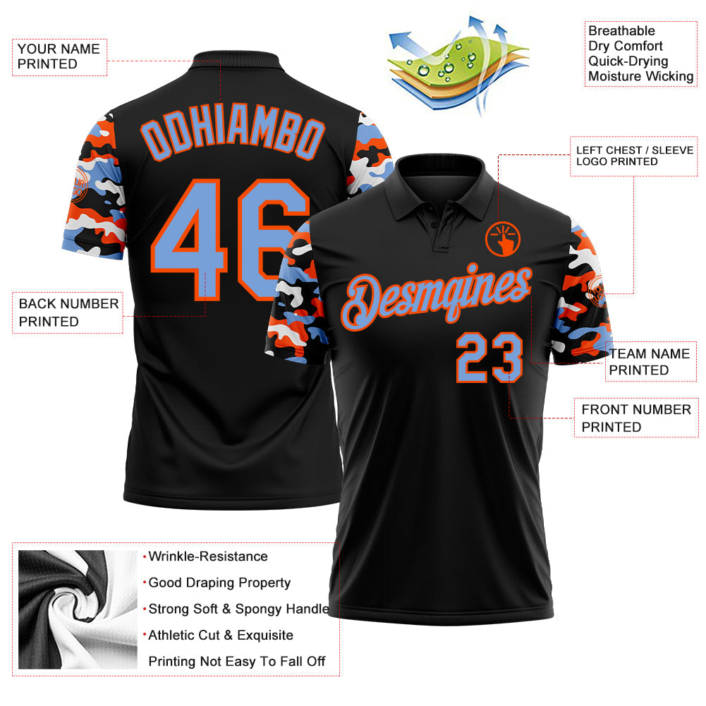 Custom Black Powder Blue Orange-White Digital Camo Two Tone Performance Polo Shirt