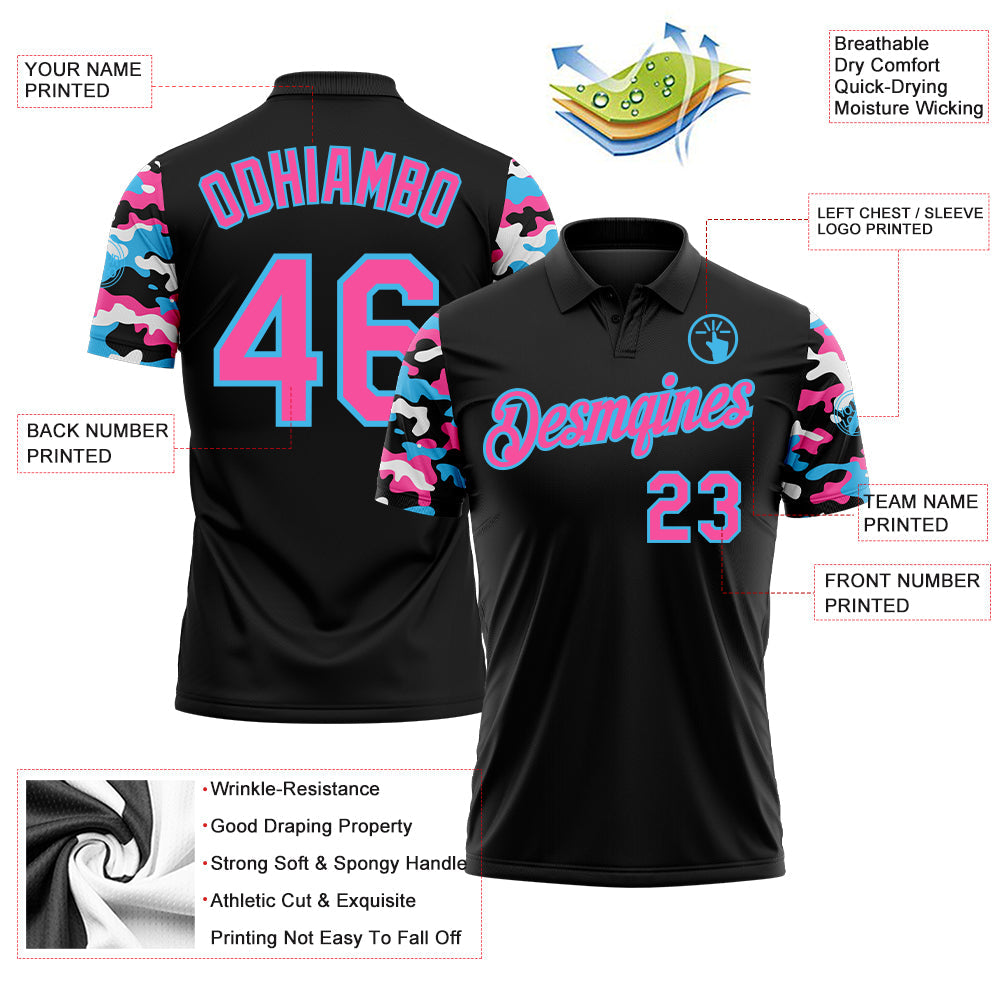 Custom Black Pink Sky Blue-White Digital Camo Two Tone Performance Polo Shirt