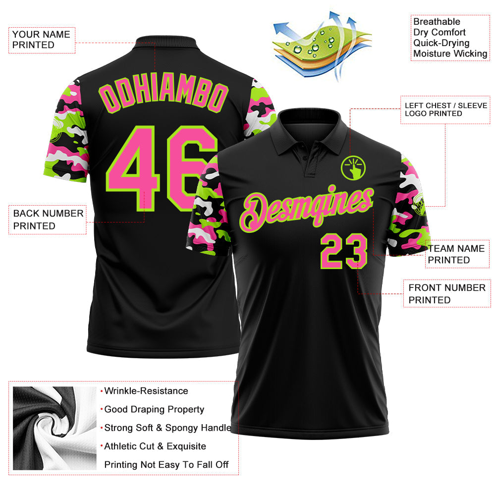 Custom Black Pink Neon Green-White Digital Camo Two Tone Performance Polo Shirt