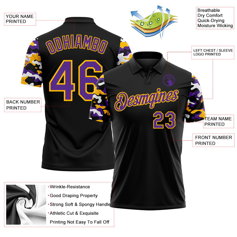 Custom Black Purple Gold-White Digital Camo Two Tone Performance Polo Shirt