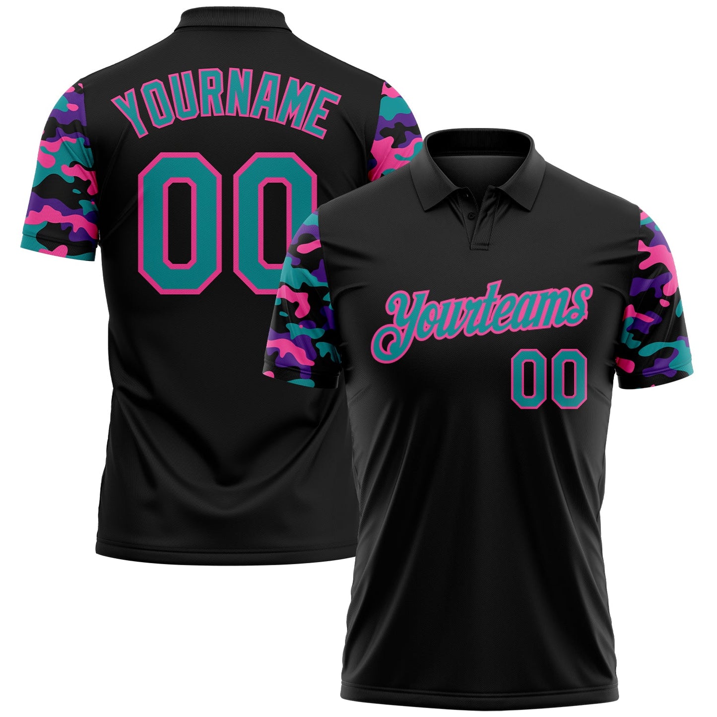 Custom Black Teal Purple-Pink Digital Camo Two Tone Performance Polo Shirt