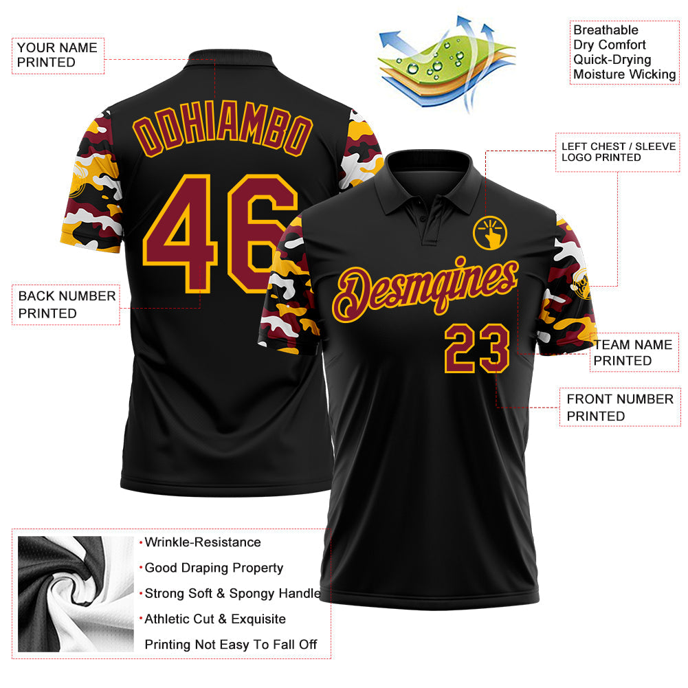 Custom Black Crimson Gold-White Digital Camo Two Tone Performance Polo Shirt
