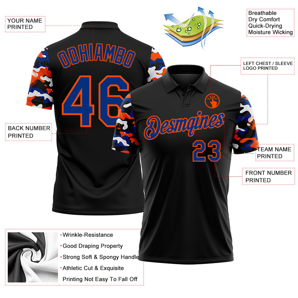 Custom Black Royal Orange-White Digital Camo Two Tone Performance Polo Shirt