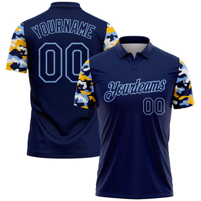 Custom Navy Light Blue Gold-White Digital Camo Two Tone Performance Polo Shirt