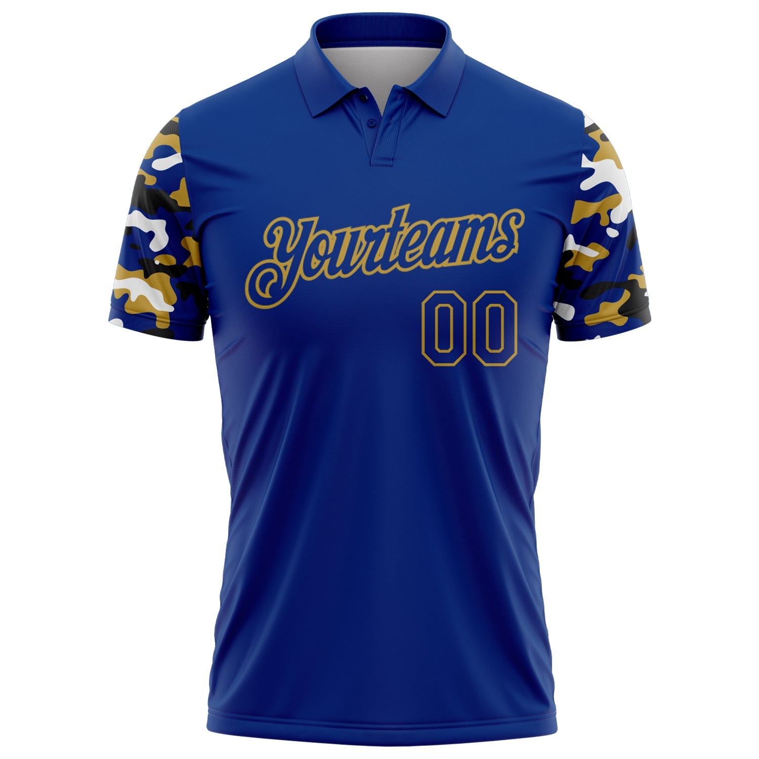 Custom Royal Old Gold Black-White Digital Camo Two Tone Performance Polo Shirt