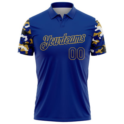 Custom Royal Old Gold Black-White Digital Camo Two Tone Performance Polo Shirt