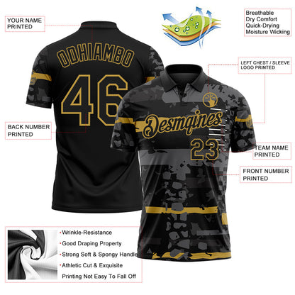 Custom Black-Old Gold Abstract Geometric Grunge Fragment Performance Polo Shirt