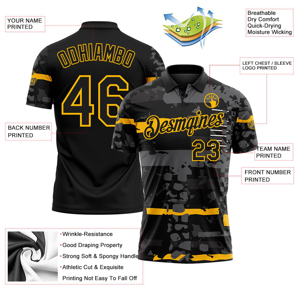 Custom Black-Gold Abstract Geometric Grunge Fragment Performance Polo Shirt