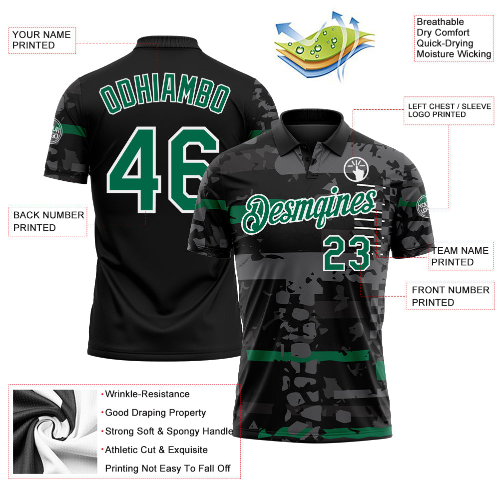 Custom Black Kelly Green-White Abstract Geometric Grunge Fragment Performance Polo Shirt