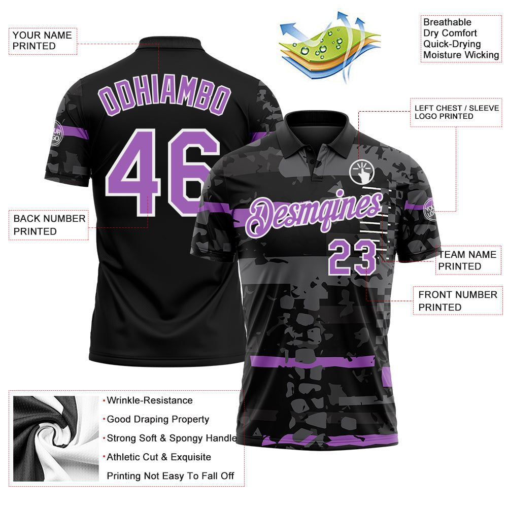 Custom Black Medium Purple-White Abstract Geometric Grunge Fragment Performance Polo Shirt
