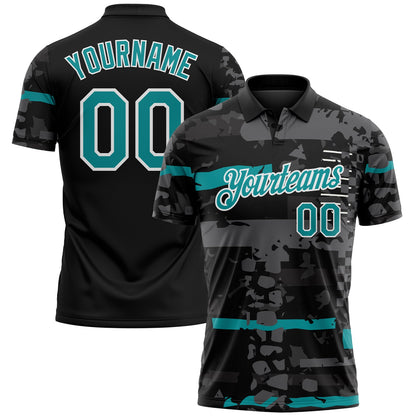 Custom Black Teal-White Abstract Geometric Grunge Fragment Performance Polo Shirt