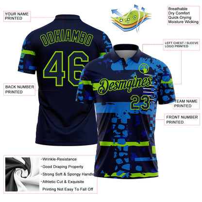 Custom Navy-Neon Green Abstract Geometric Grunge Fragment Performance Polo Shirt