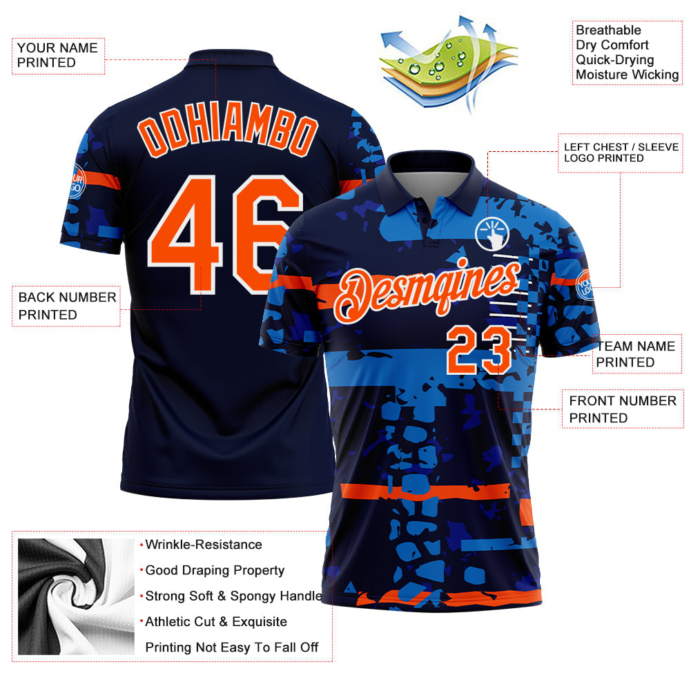 Custom Navy Orange-White Abstract Geometric Grunge Fragment Performance Polo Shirt