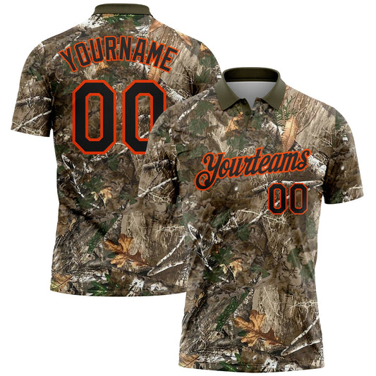 Custom Camo Black Orange-Olive Camo Woodland Forest Camouflage Salute To Service Performance Polo Shirt