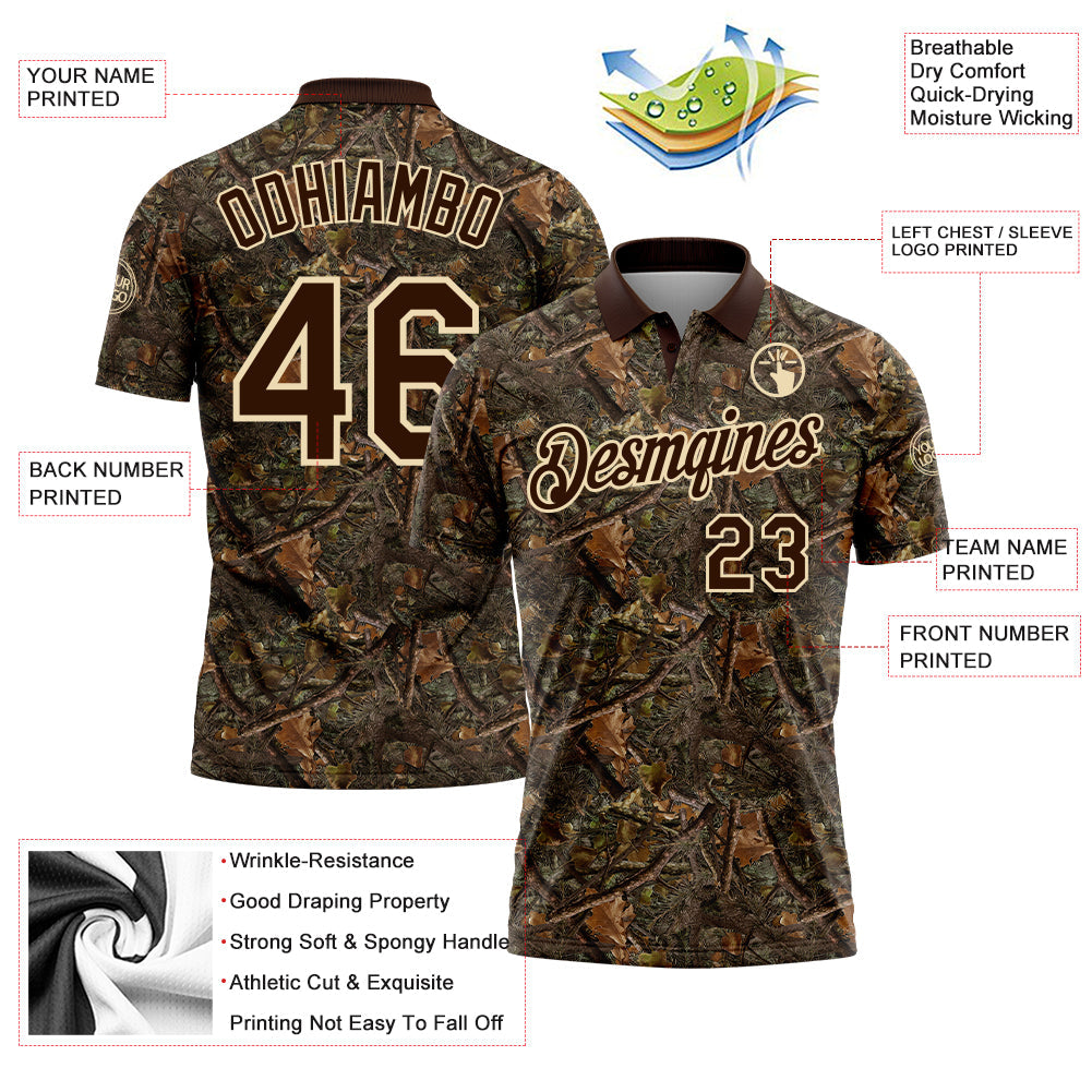 Custom Camo Brown-Cream Camo Woodland Forest Camouflage Salute To Service Performance Polo Shirt