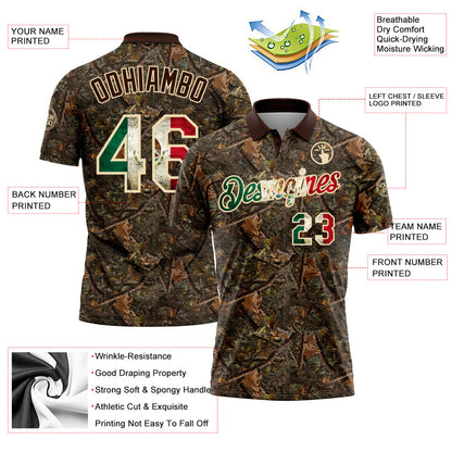 Custom Camo Vintage Mexican Flag Cream-Brown Camo Woodland Forest Camouflage Salute To Service Patriotic Performance Polo Shirt