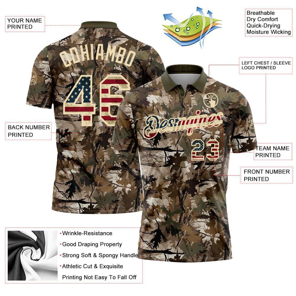 Custom Camo Vintage USA Flag Cream-Olive Camo Woodland Forest Camouflage Salute To Service Patriotic Performance Polo Shirt