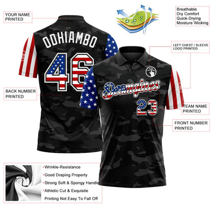 Custom Camo USA Flag Black-White Stars & Stripes Two Tone Salute To Service Patriotic Performance Polo Shirt