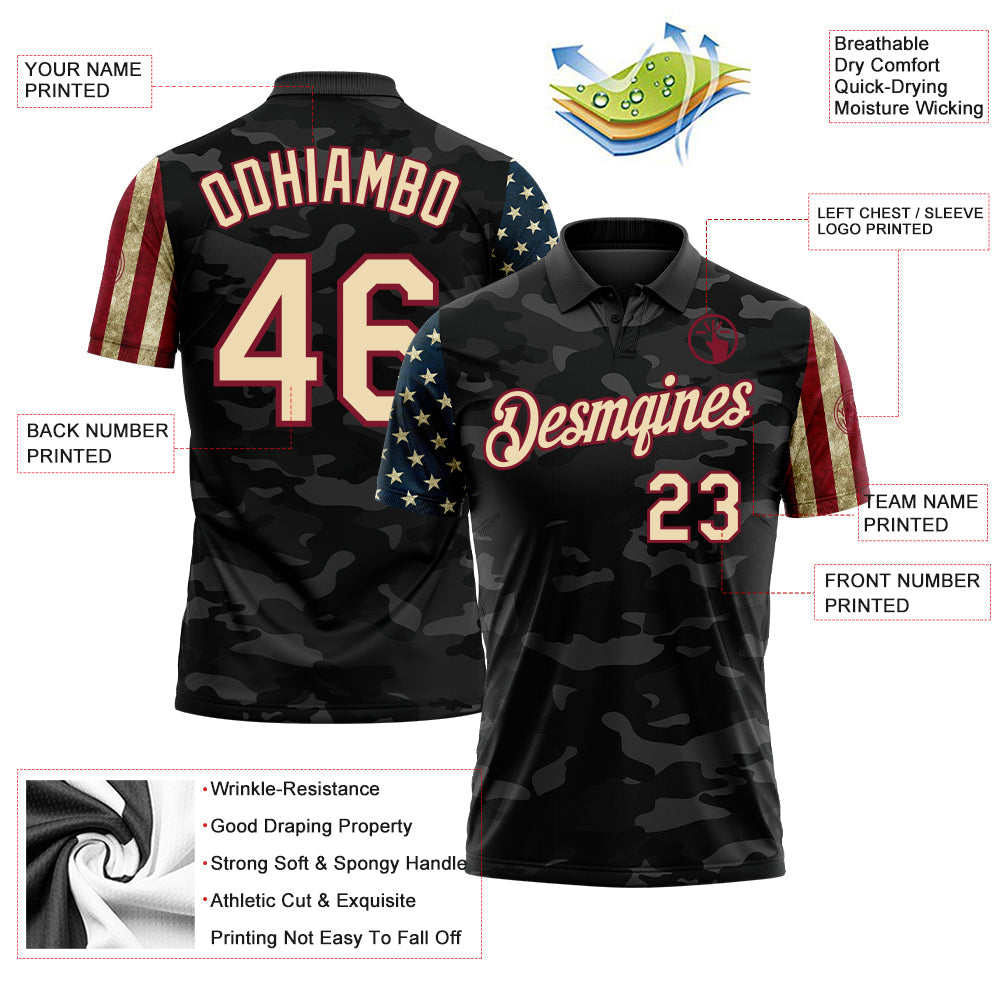 Custom Camo Cream Crimson-Black Stars & Stripes Two Tone Salute To Service Patriotic Performance Polo Shirt