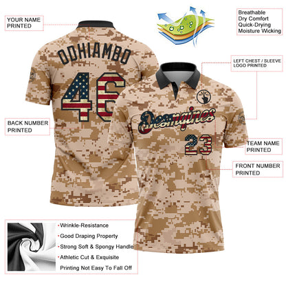Custom Camo Vintage USA Flag-Black Patriotic Desert Camouflage Performance Polo Shirt