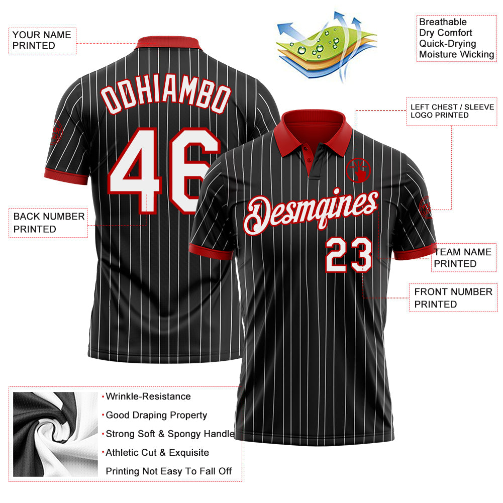Custom Black White Pinstripe-Red Performance Polo Shirt
