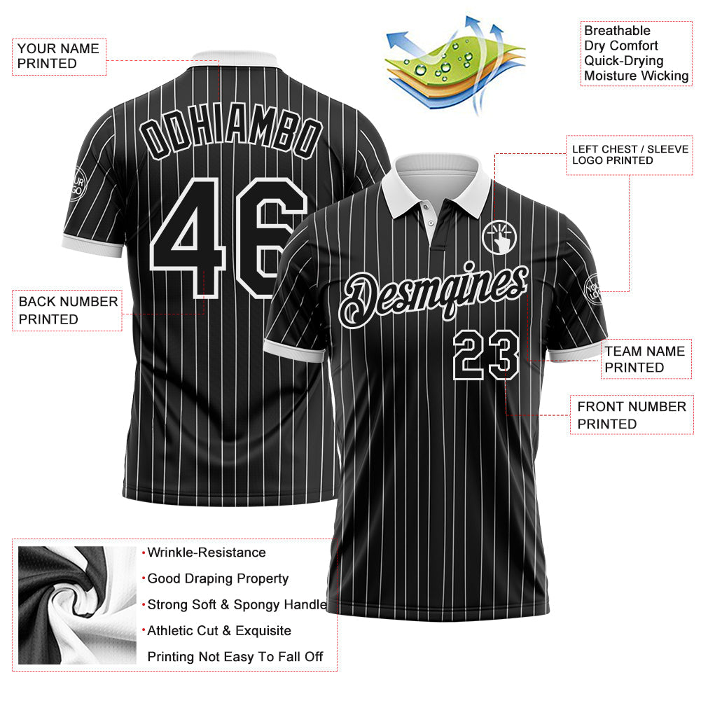 Custom Black White Pinstripe-White Performance Polo Shirt