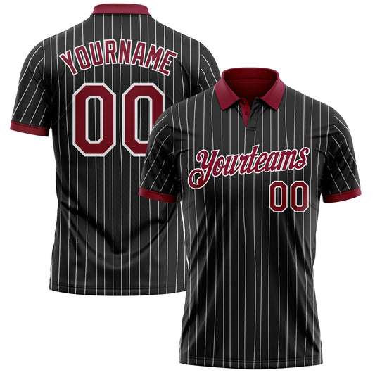 Custom Black White Pinstripe-Crimson Performance Polo Shirt