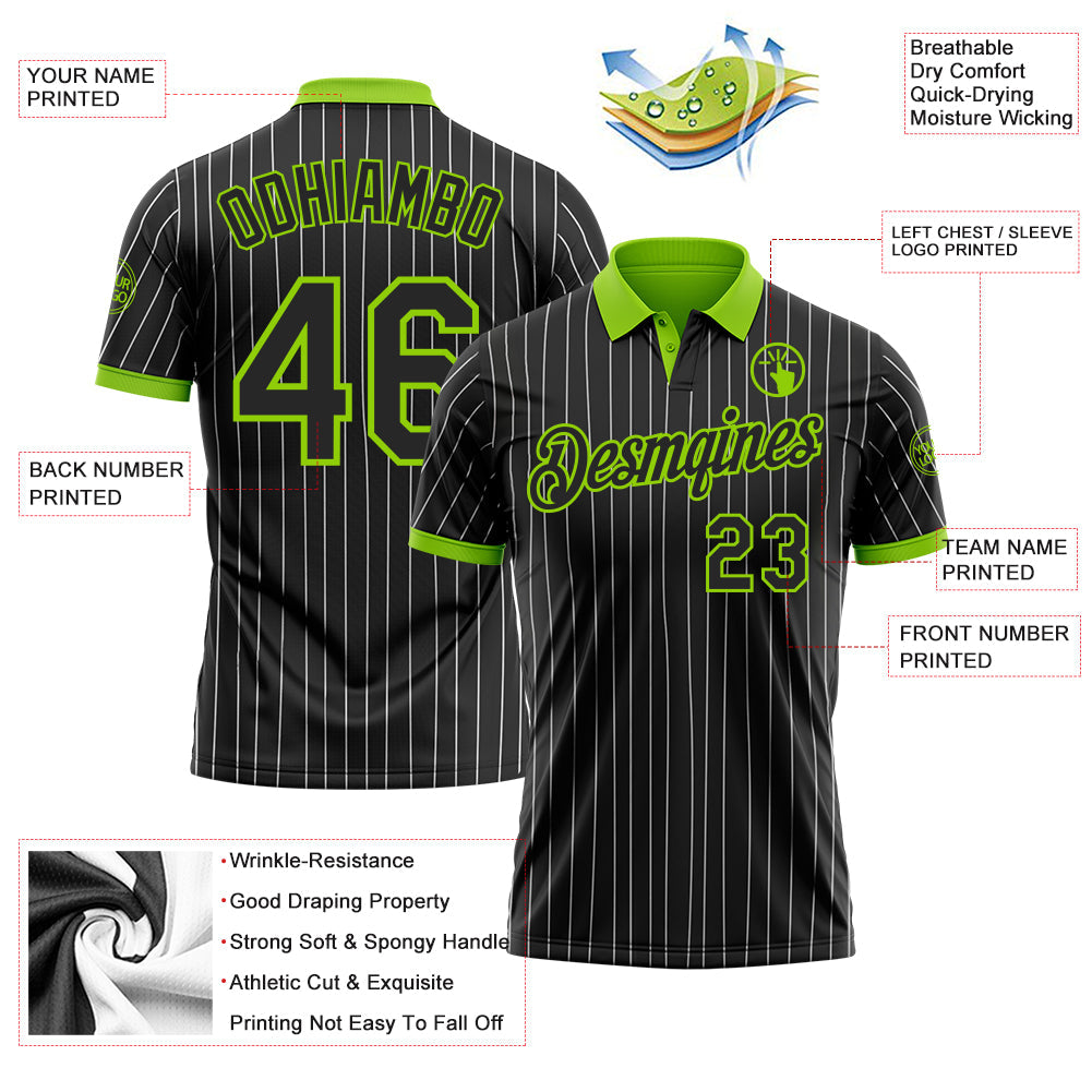 Custom Black White Pinstripe-Neon Green Performance Polo Shirt