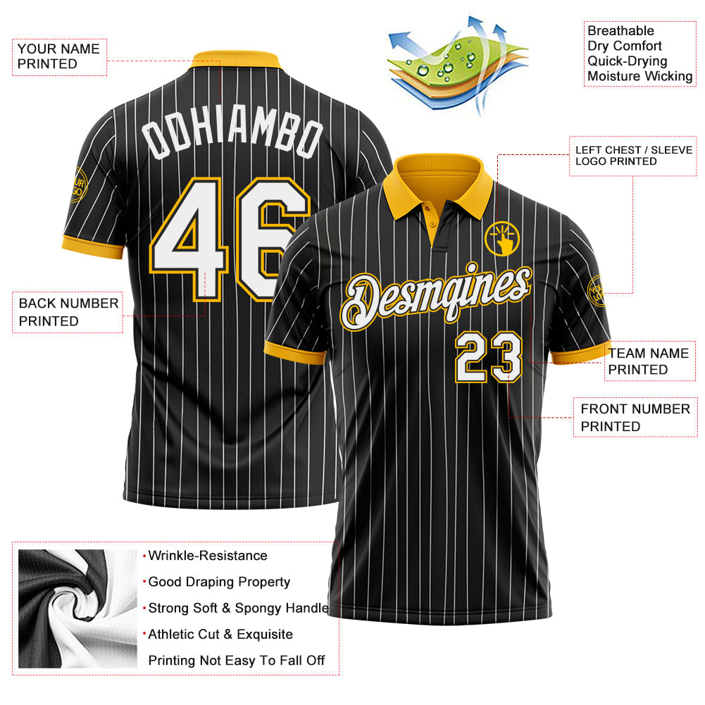 Custom Black White Pinstripe-Gold Performance Polo Shirt