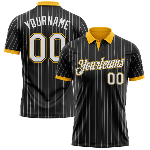 Custom Black White Pinstripe-Gold Performance Polo Shirt