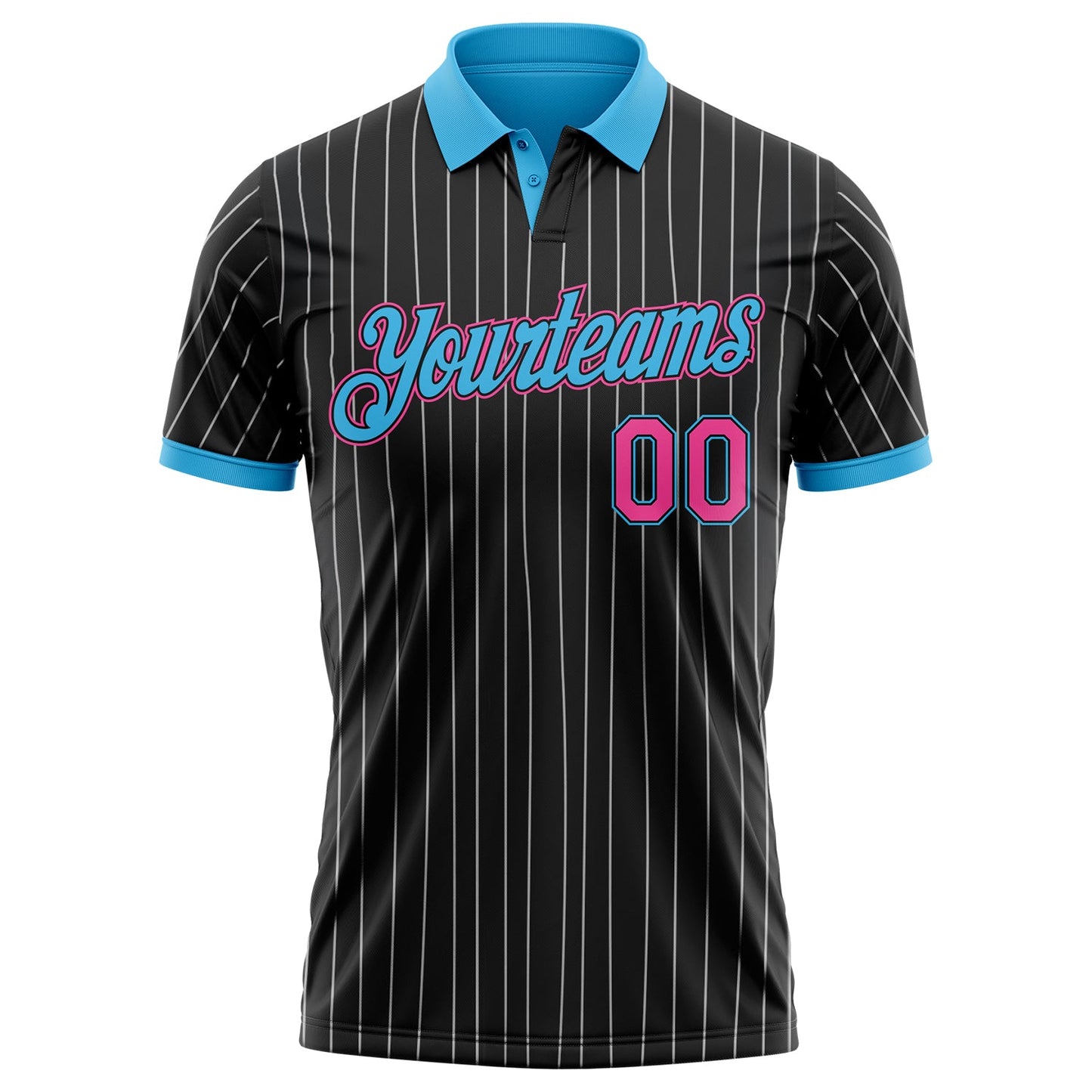 Custom Black White Pinstripe Pink-Sky Blue Performance Polo Shirt