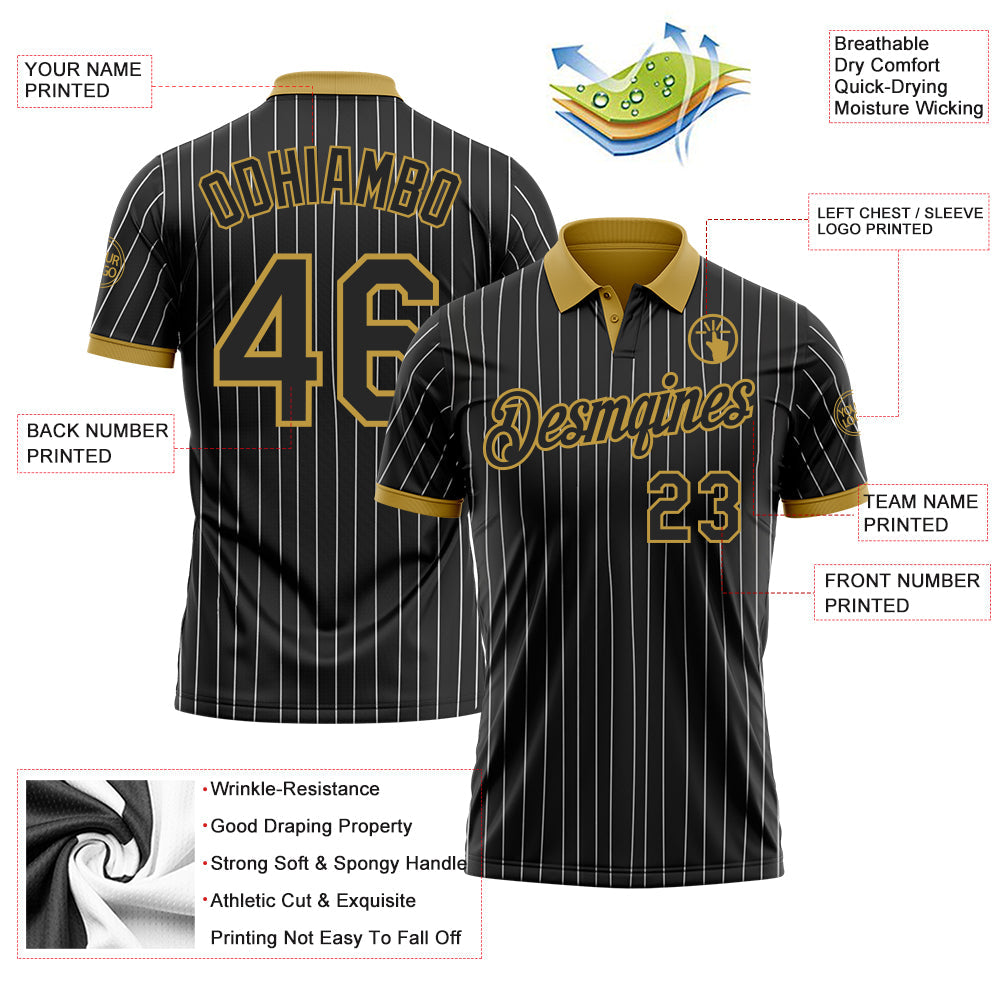Custom Black White Pinstripe-Old Gold Performance Polo Shirt