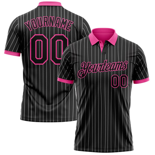 Custom Black White Pinstripe-Pink Performance Polo Shirt