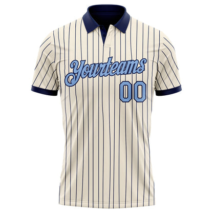 Custom Cream Navy Pinstripe-Light Blue Performance Polo Shirt