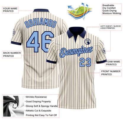 Custom Cream Navy Pinstripe-Light Blue Performance Polo Shirt