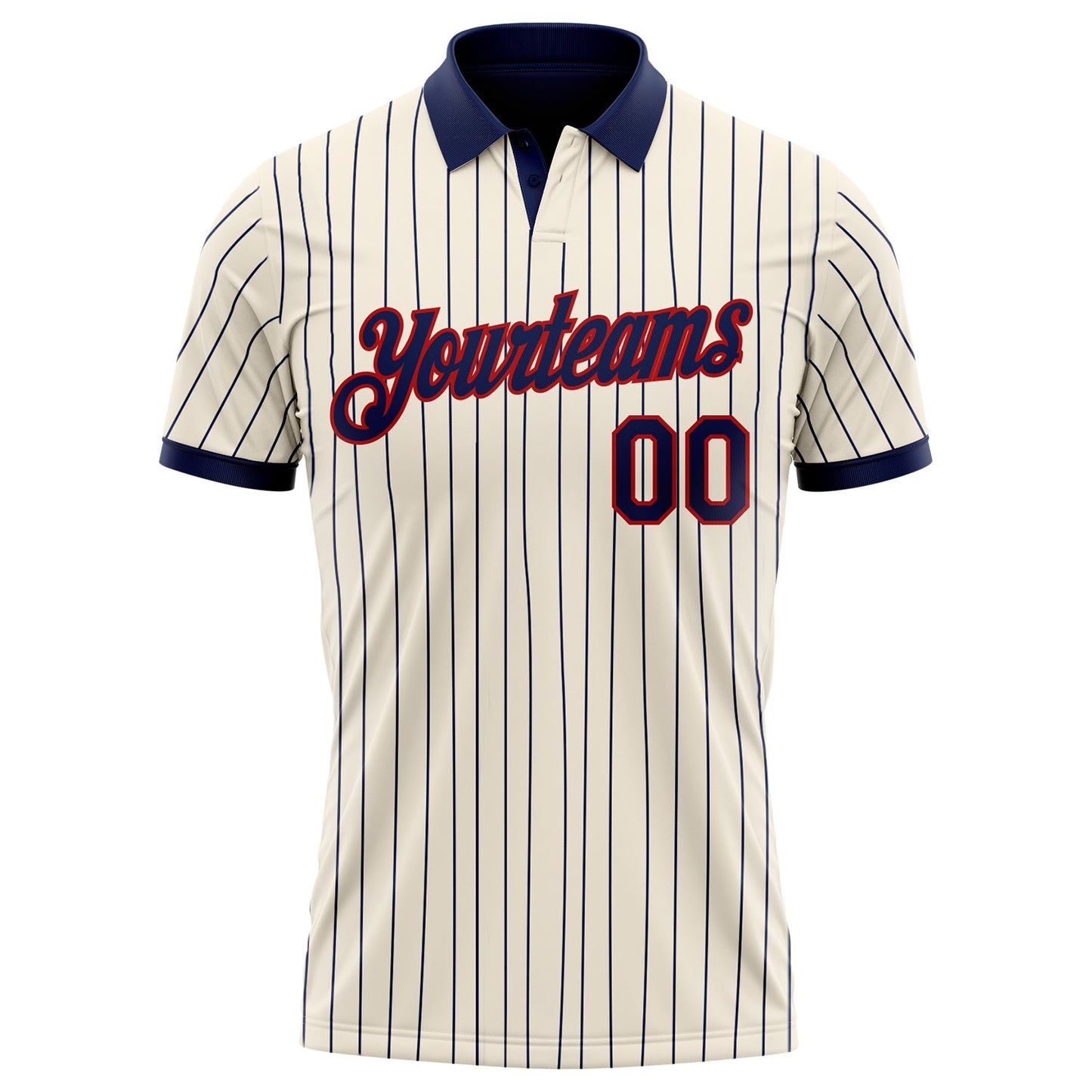 Custom Cream Navy Pinstripe-Red Performance Polo Shirt