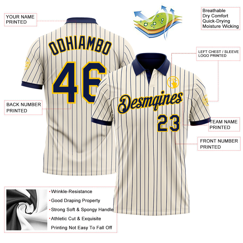 Custom Cream Navy Pinstripe-Yellow Performance Polo Shirt
