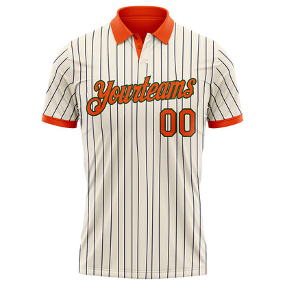 Custom Cream Navy Pinstripe Orange-Green Performance Polo Shirt
