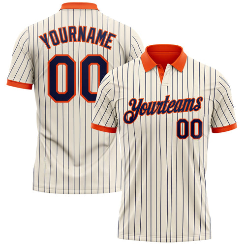 Custom Cream Navy Pinstripe-Orange Performance Polo Shirt