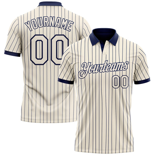Custom Cream Navy Pinstripe-Navy Performance Polo Shirt