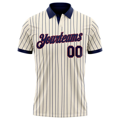 Custom Cream Navy Pinstripe-Crimson Performance Polo Shirt