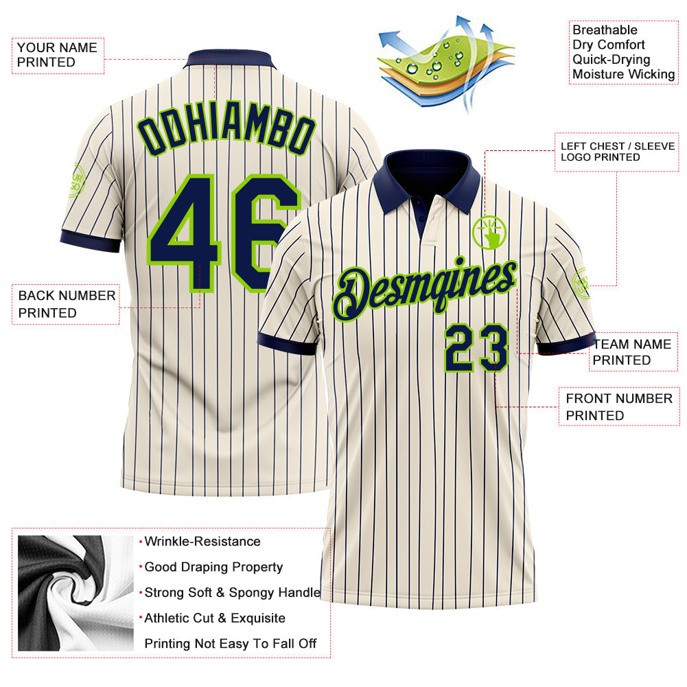 Custom Cream Navy Pinstripe-Neon Green Performance Polo Shirt