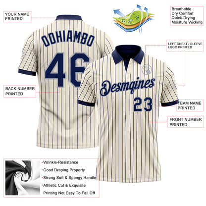 Custom Cream Navy Pinstripe-Gray Performance Polo Shirt