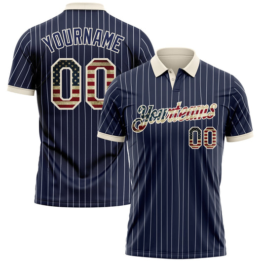 Custom Navy White Pinstripe Vintage USA Flag-Cream Patriotic Performance Polo Shirt