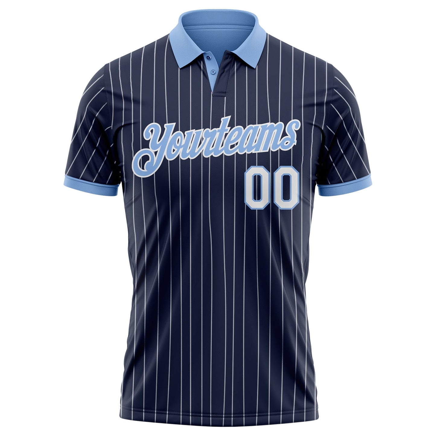 Custom Navy White Pinstripe-Light Blue Performance Polo Shirt