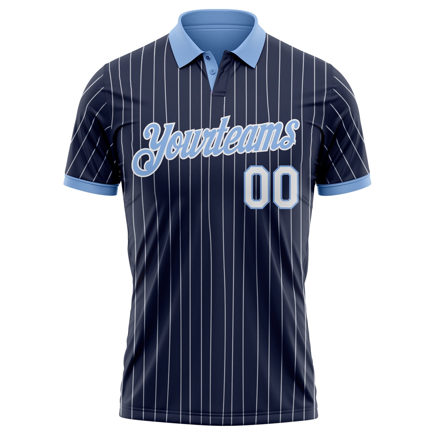 Custom Navy White Pinstripe-Light Blue Performance Polo Shirt