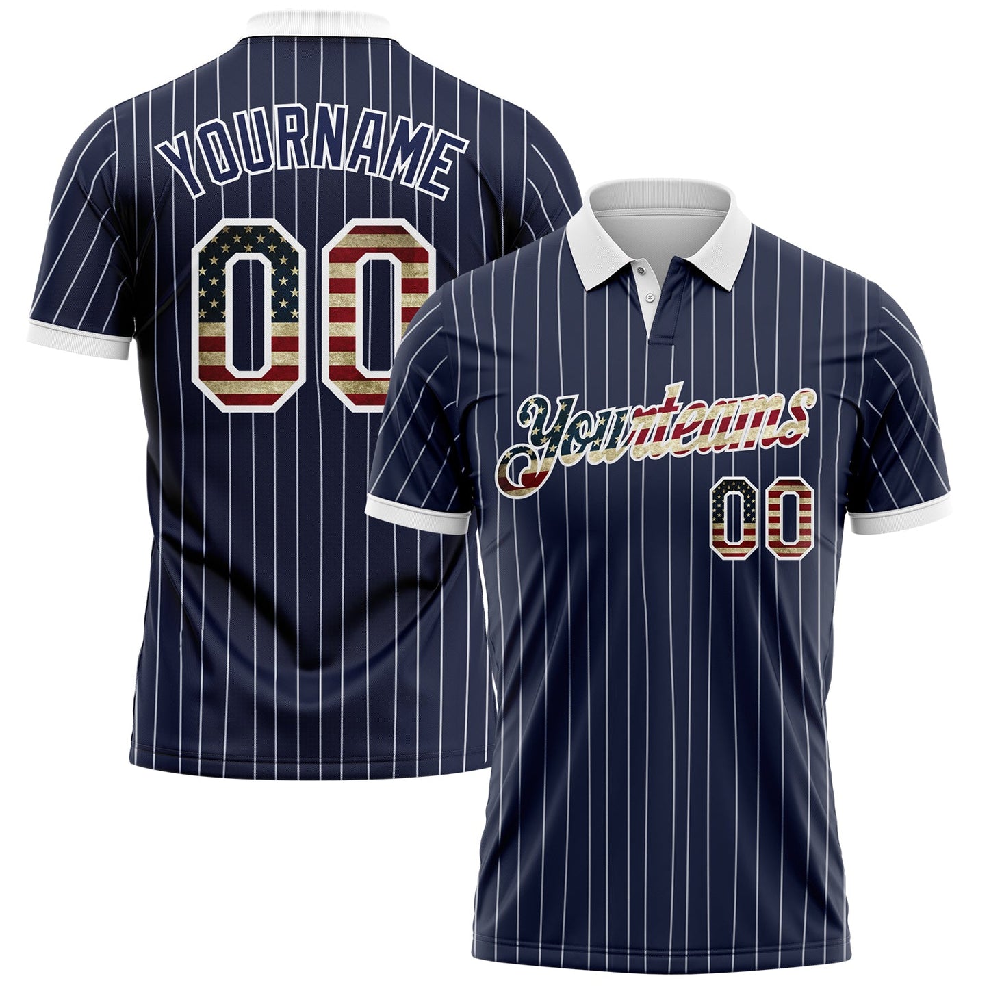 Custom Navy White Pinstripe-Vintage USA Flag Performance Polo Shirt