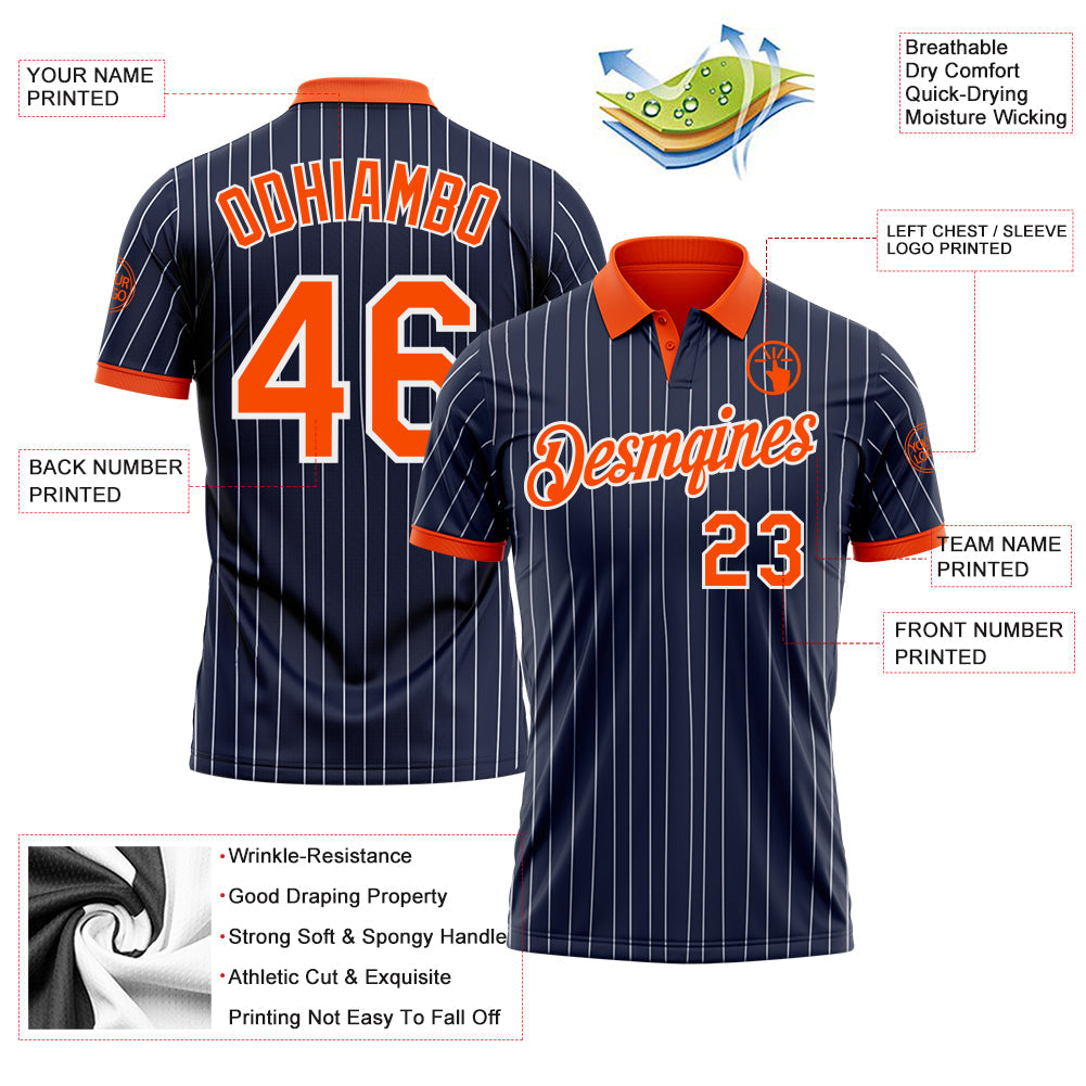Custom Navy White Pinstripe-Orange Performance Polo Shirt