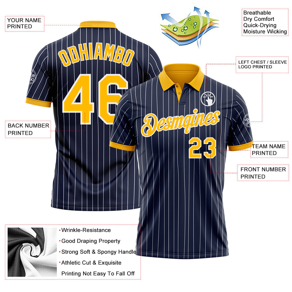Custom Navy White Pinstripe-Gold Performance Polo Shirt