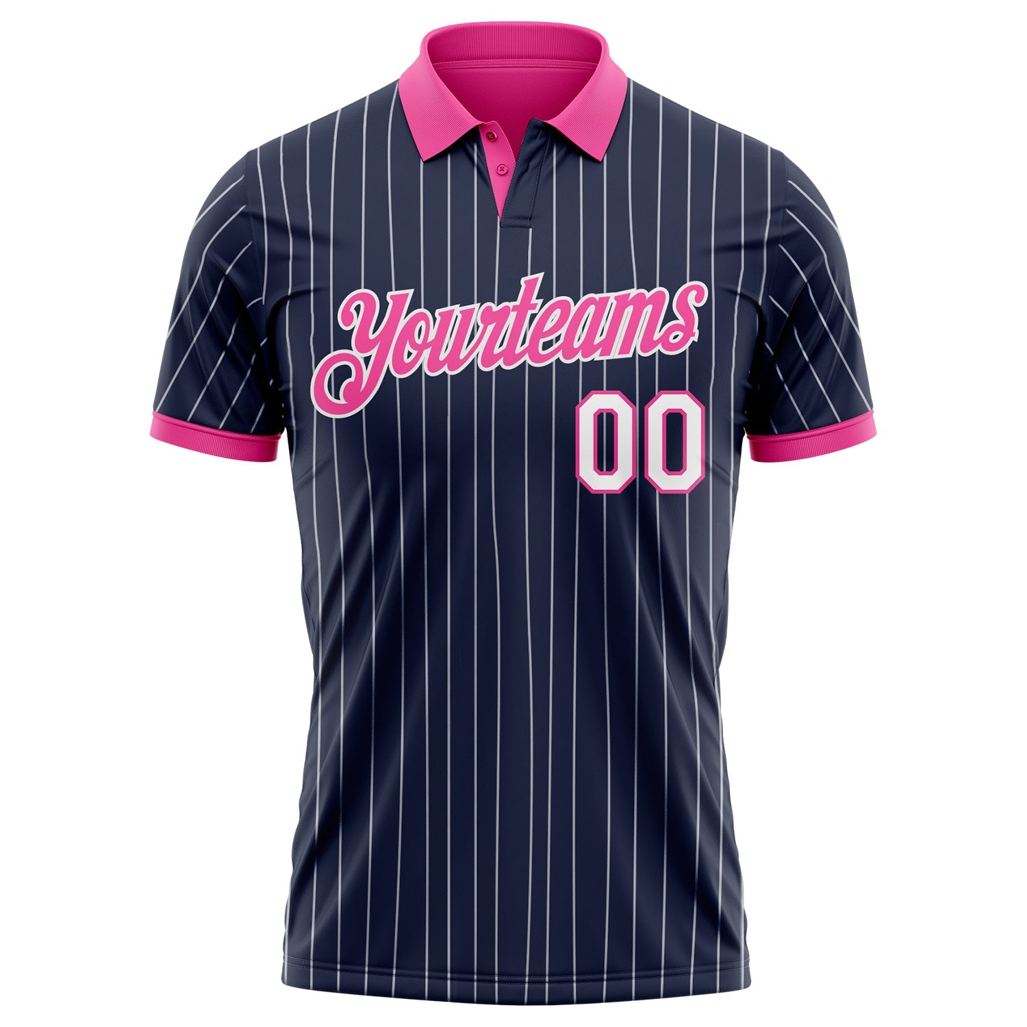 Custom Navy White Pinstripe-Pink Performance Polo Shirt
